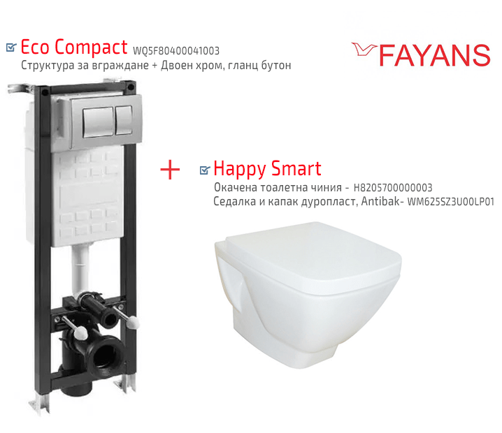 Комплект стенна тоалетна HappySmart и структура за вграждане Eco Compact